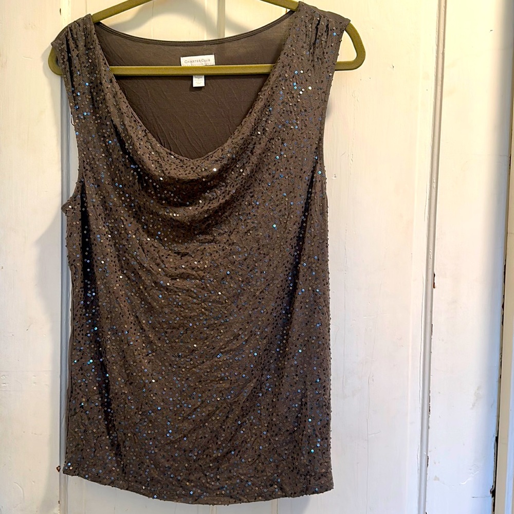 Sleeveless sequin gray jersey tank L